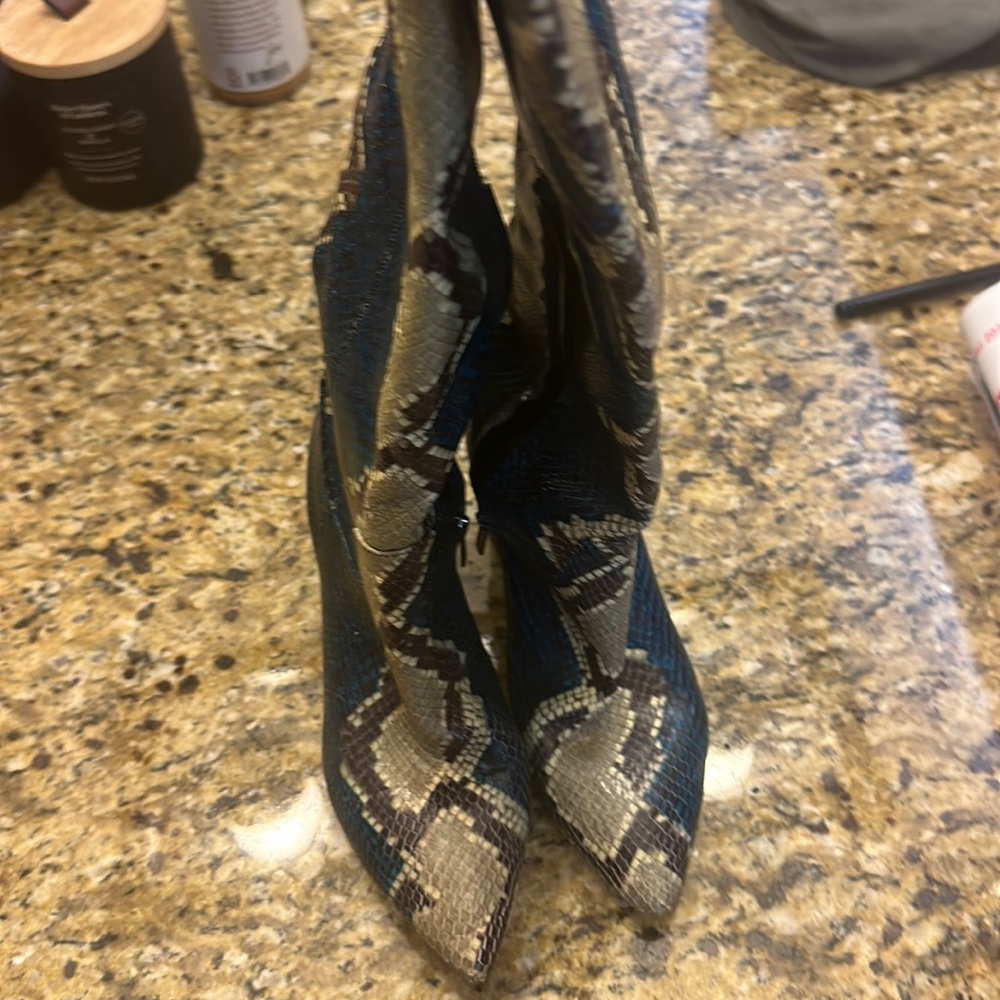 T. Sam Edelman boots, 7.5 turquoise and snake skin tall boots, low heel;